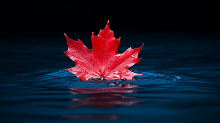 Autumn maple leaf on water surface with ripples. Copy space.