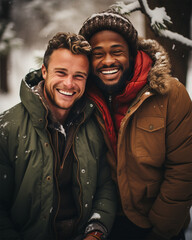Fototapeta premium Happy couple, friends on a snowy day before Christmas. Christmas Eve.