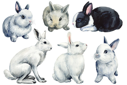 set of bunnies, cute animals on an isolated white background, watercolor illustration