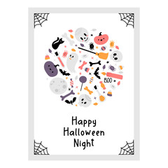 Happy Halloween night party poster. Hand drawn placard. Art cover horror night. October 31 holiday evening