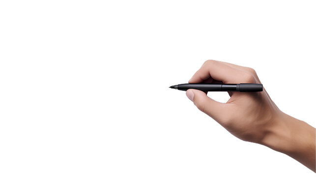 Top View Hand With Pen Writing on air. Isolated on Transparent background.