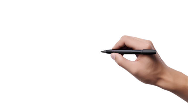 Top View Hand With Pen Writing on air. Isolated on Transparent background.