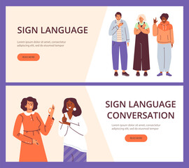 Set of website banner templates about sign language conversation flat style