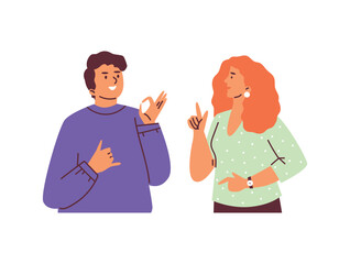 Fototapeta premium Man and woman communicating with each other in sign language, flat vector illustration isolated on white background.