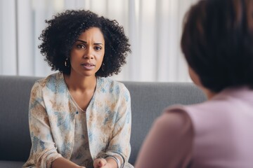Fototapeta na wymiar Middle aged African-American woman at an appointment with a psychologist. The psychotherapist listens carefully to the patient’s story. She delves into the problem and helps the patient solve the