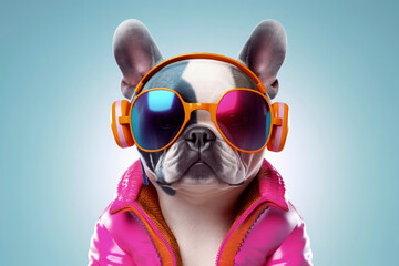 Generative AI illustration of dog dressed in hip hop clothes - obrazy, fototapety, plakaty