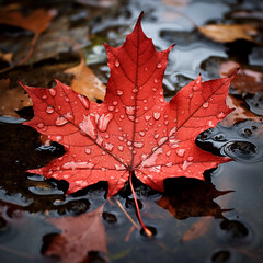 Orange maple leaf in a puddle. Autumn background. Selective focus.