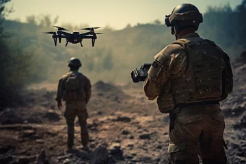 Fotobehang Soldiers are Using Drone for Scouting During Military Operation © arhendrix