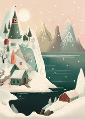 Winter snow village in nature landscape illustration for Christmas holiday greeting card or postcard. Nordic fairy tale country house with tree, mountains, river in pink green blush colors
- 660060124