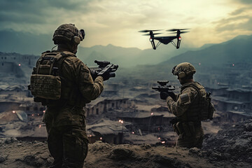 Fototapeta premium Soldiers are Using Drone for Scouting During Military Operation