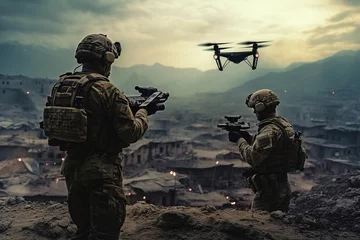 Fotobehang Soldiers are Using Drone for Scouting During Military Operation © arhendrix