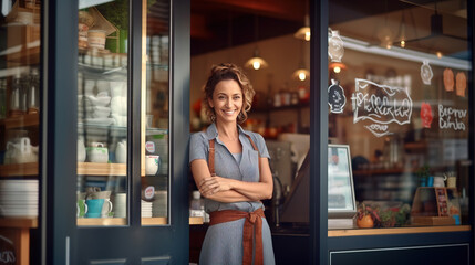 Smiling woman is standing at the entrance doors of her store. In the coffee shop, a cheerful middle-aged waitress is waiting for customers. Small business owner is standing at the entrance.