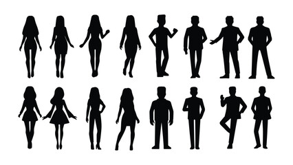 Working people silhouette set collection vector, business men and business women character full body black icon isolated on awhite background
