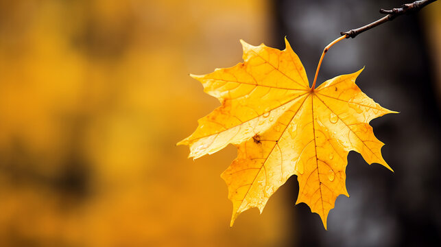 Autumn maple leaf on a tree branch with bokeh background