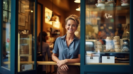 Smiling woman is standing at the entrance doors of her store. In the coffee shop, a cheerful middle-aged waitress is waiting for customers. Small business owner is standing at the entrance. - obrazy, fototapety, plakaty