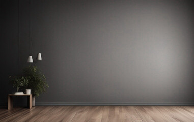 Empty light dark wall with beautiful chiaroscuro and wooden floor. Plant on a table in the corner. Minimalist background for product presentation