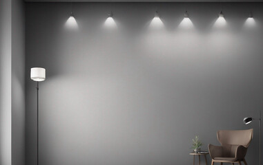Gray empty wall with built-in lighting and floor lamp. Modern stylish neutral background for artwork exhibition