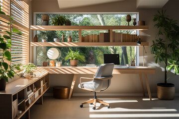 Fototapeta premium Contemporary Workspace. Office area with a minimalist desk, ergonomic chair, and ample natural light, promoting focus and productivity in a clutter-free environment