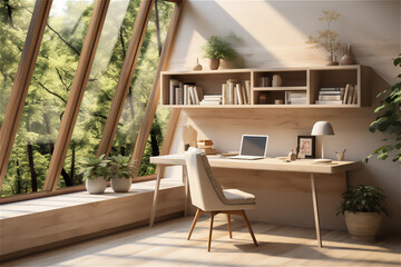 Contemporary Workspace. Office area with a minimalist desk, ergonomic chair, and ample natural light, promoting focus and productivity in a clutter-free environment