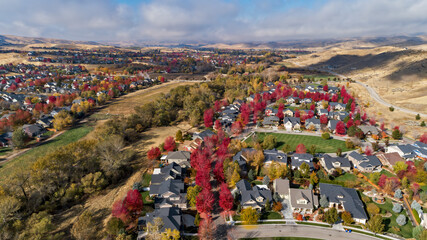 Naklejka premium Residential neighborhood in the foothills with fall foliage colors