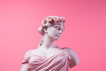 An exquisite stone Greek female statue set on a pink backdrop. Created with generative AI tools - obrazy, fototapety, plakaty