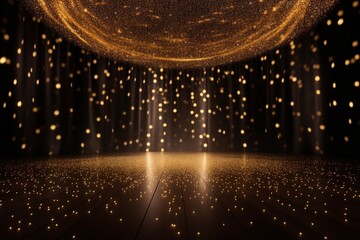 A festive stage as golden confetti rains down, providing a mockup with generous copy space for award ceremonies, jubilees, New Years parties, or product presentations. Created with generative AI tools - obrazy, fototapety, plakaty