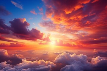 A magnificent sunset graces the horizon, casting a brilliant spectrum of colors across the sky and lighting up the clouds—an extraordinary and vivid sunset scene. Created with generative AI tools