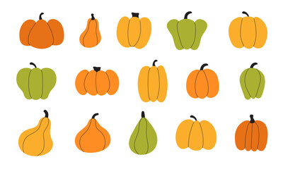 Set of various orange, green, yellow pumpkins on white background for food, icons, pattern, wallpapers, greeting cards, fabrics, webs, apps