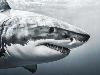 Fototapeta premium Shark portrait black and white head close-up generatieve ai