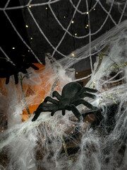 Carved pumpkin for Halloween with white spider web with black spiders, with candlelight