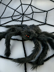 Black big shaggy toy spider on a black web on a gray background, Halloween