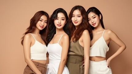aesthetic and young asian friends together for self care,dermatology and support.Beauty,diversity,skin portrait of women happy with makeup for cosmetic skincare isolated in studio brown background.