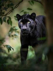 Black panter walking in the jungle close up generatieve ai