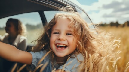 Happy children stretches her arms while sticking out car window. Lifestyle, travel, tourism, nature..family, travel, children, trip, journey, transportation.