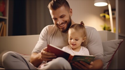 Obraz premium Happy father relax and read book with baby time together at home. parent sit on sofa with daughter and reading a story. learn development, childcare, laughing, education, storytelling, practice.