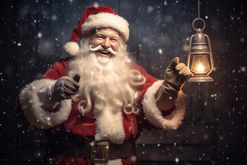 Merry Christmas and happy holidays! Smiling Santa Claus ringing a bell on a dark background with snow, vintage style