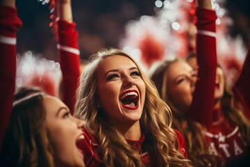 The portrait of a beautiful cheerleader, in a white and red uniform, with her teammates cheering a...