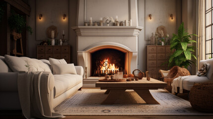 a cozy sitting area with a tufted couch and a fireplace and expo