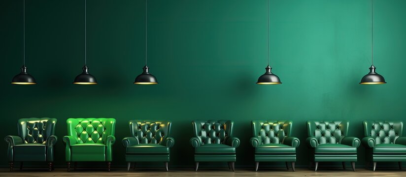 A row of green chairs in the room