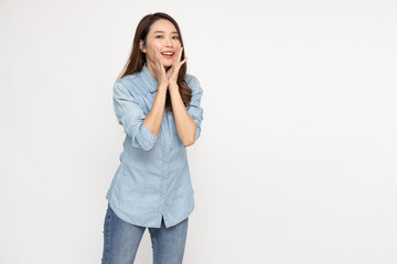 Fototapeta na wymiar Asian woman wearing jeans shirt with open mouths raising hands screaming announcement isolated on white background