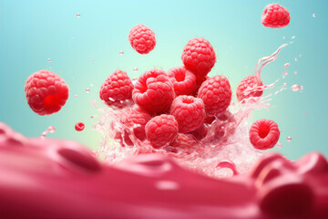 fresh raspberry in milk splash on blue background.