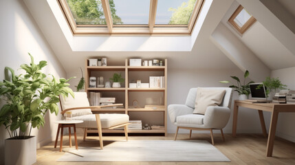 Attic with a built-in desk and a skylight and a plush armchair