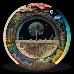 crosssection of earth dirt bugs plants colorful iridescent fibers of life that connect all living things muted colors full moon 