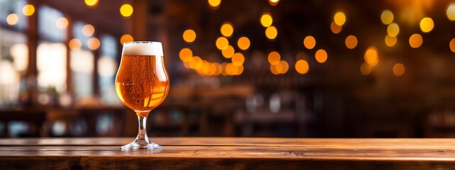 Glass of beer on wooden board and blurred bar background.Free space for your decoration. - obrazy, fototapety, plakaty