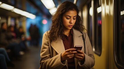 Beautiful Latino young woman using her smartphone during her subway commute, engrossed in work and connectivity, with copy space.