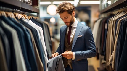 Handsome man shopping for new business blazer and  suit in store, men shopping for new clothes alone in decent mall. - obrazy, fototapety, plakaty