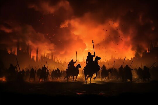 Epic medieval battle, silhouetted cavalry and infantry clash in the night