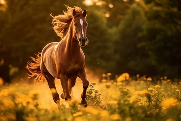Foto op Plexiglas Beautiful red horse with long mane run at summer day in flowers filed with shiny sunshine, with copy space. © Jasper W