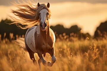 Beautiful red horse with long mane run at summer day in flowers filed with shiny sunshine, with copy space. - obrazy, fototapety, plakaty