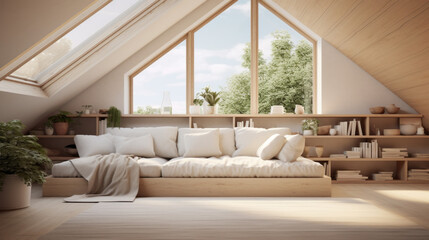 Attic with a built-in window seat and a plush rug and a skylight
